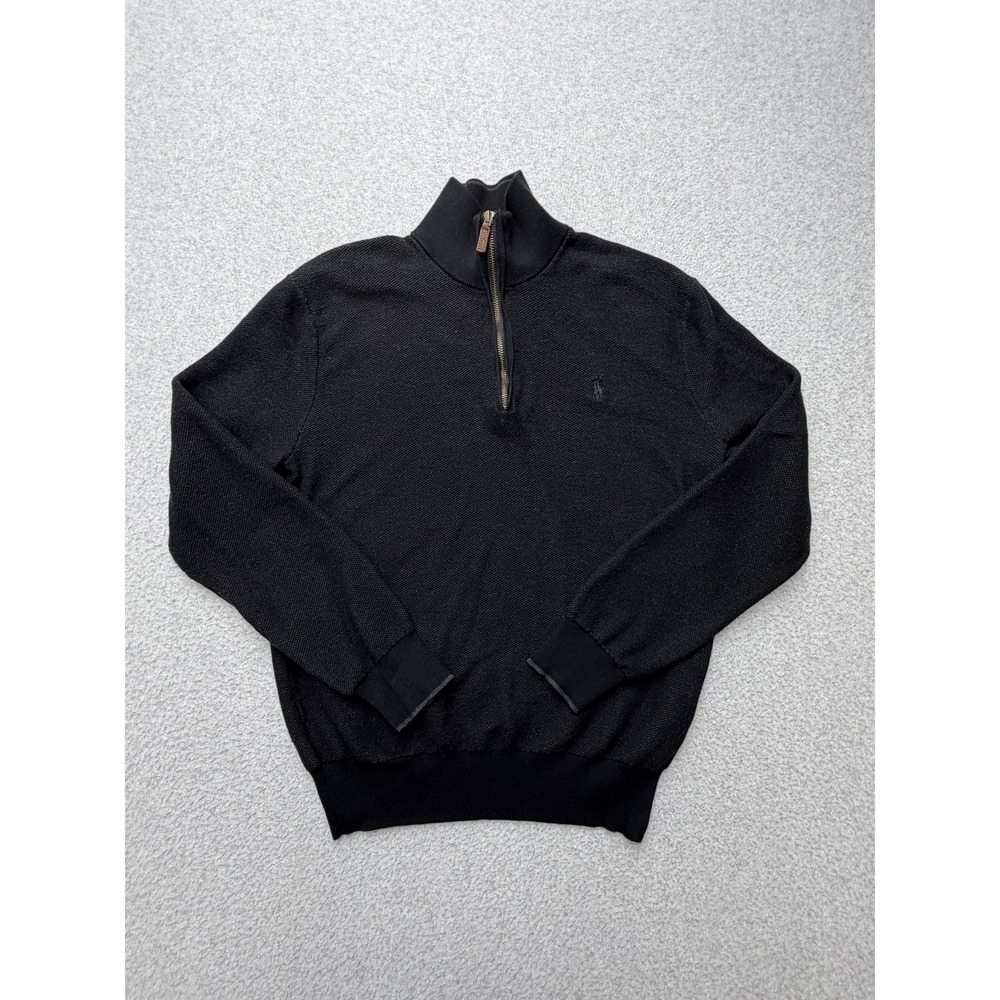 Polo Ralph Lauren Mens Medium Black Pima Cotton 1/4 Zip Waffle Knit Sweater